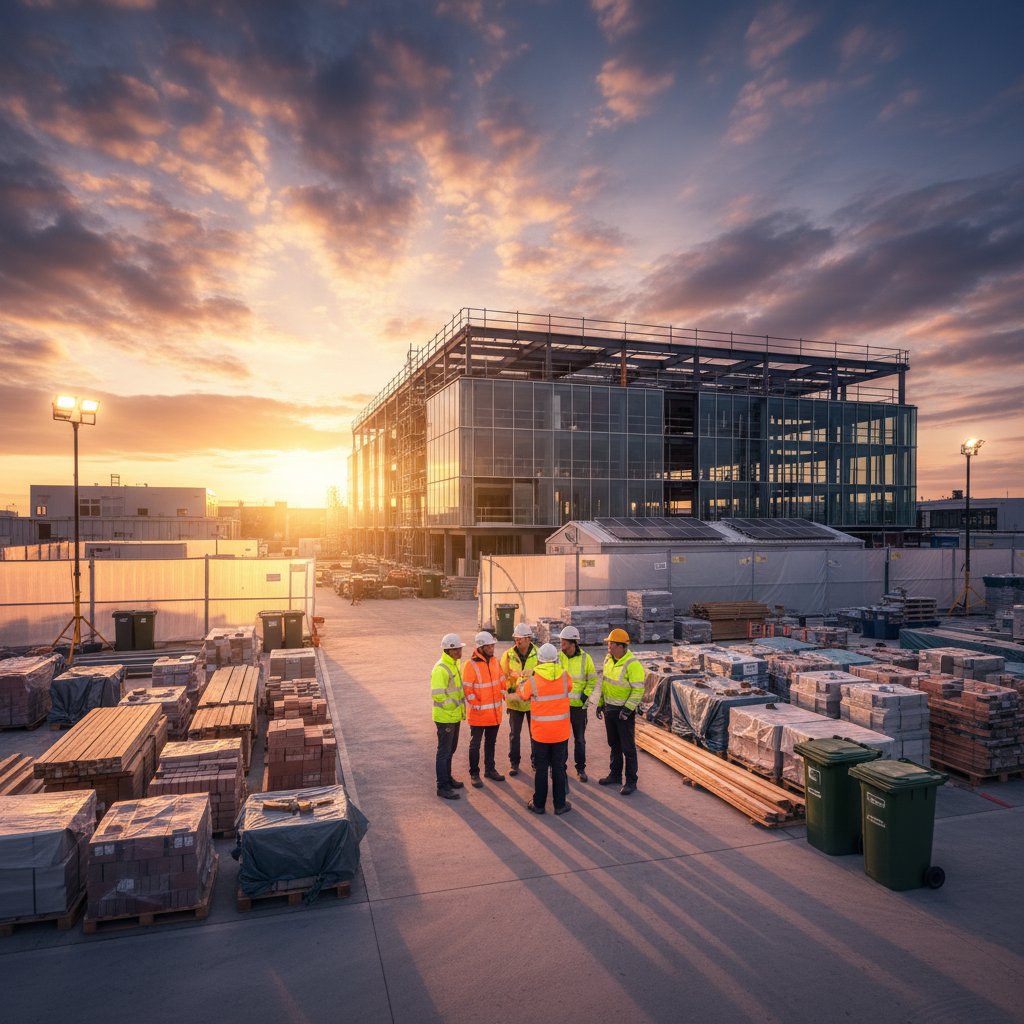 Construction workers following safety protocols on clean Singapore building site